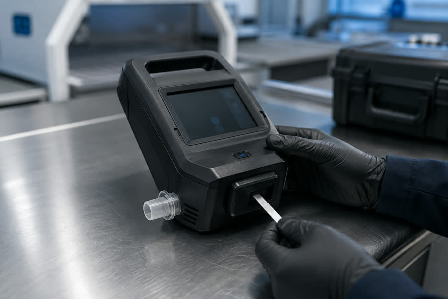 A gloved technician swabbing a sample strip into a handheld explosive trace detector on a stainless steel inspection bench