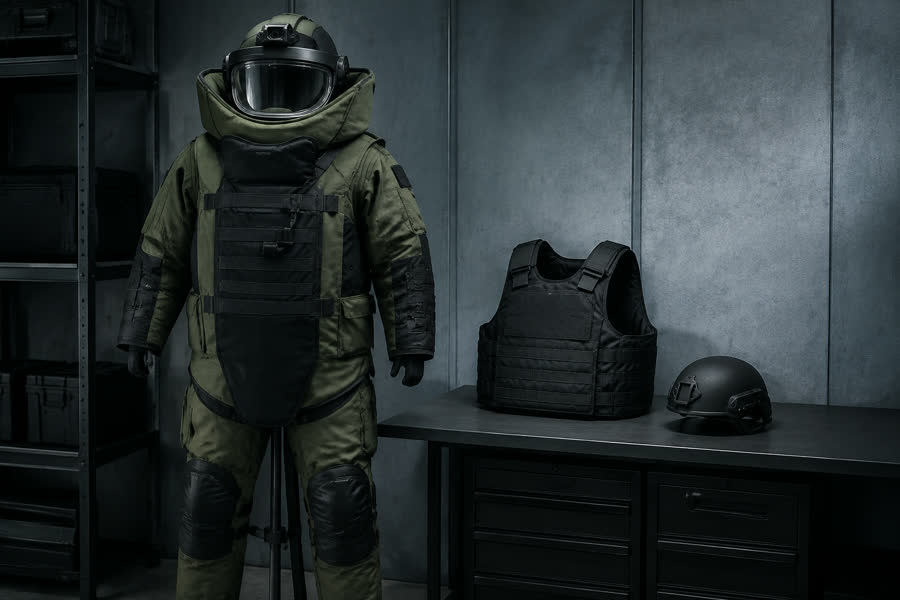 An EOD bomb suit on a stand with its helmet and visor, a ballistic vest and helmet laid out on the bench beside it