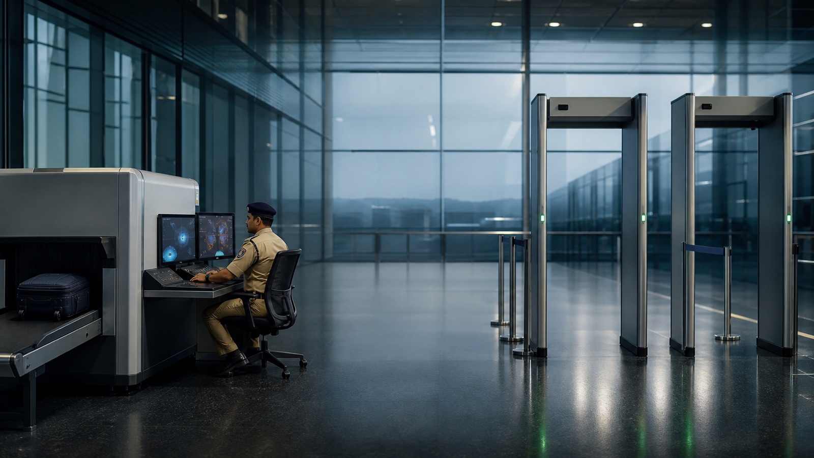 A Kapri Corp engineer at an X-ray screening console beside walk-through detector gates in an airport terminal