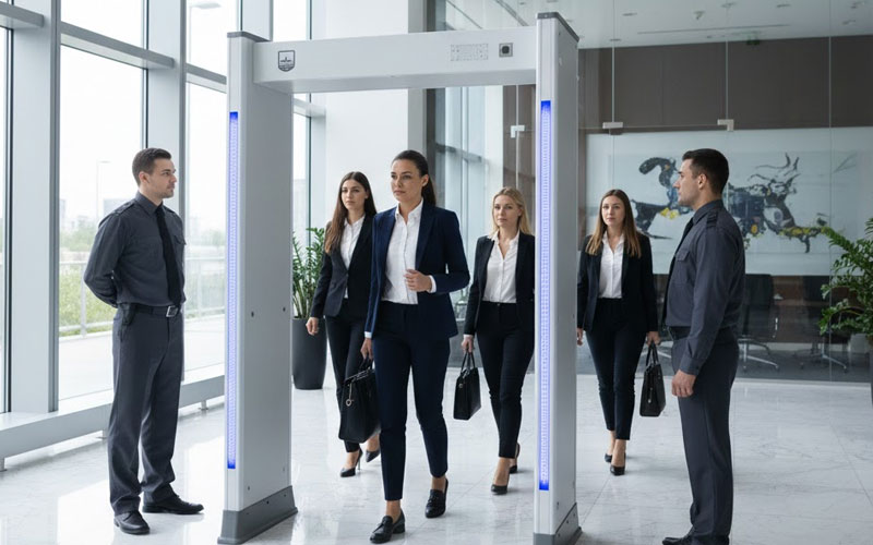 Office workers passing through walk-through metal detectors in a corporate lobby