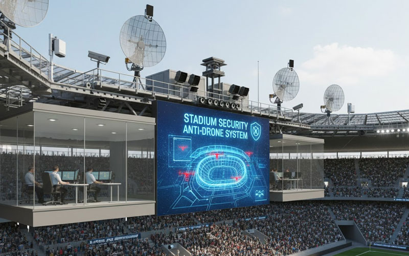 A stadium anti-drone system display overlooking a packed sports arena