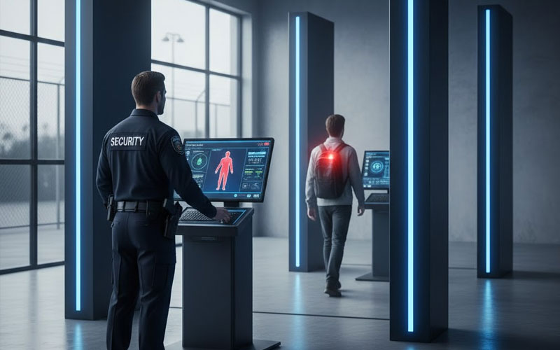 A radiation portal monitor screening a person at a controlled building entry point