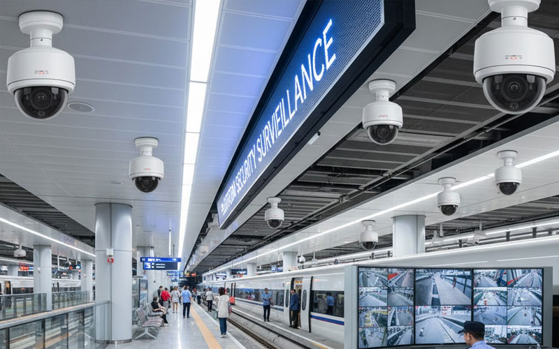 Surveillance cameras and monitor banks covering a busy metro rail platform