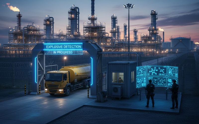 Explosive detection screening at the vehicle entry gate of an oil and gas refinery at dusk