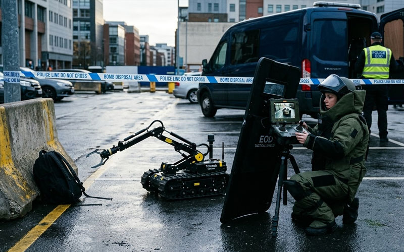 An EOD team deploying a bomb-disposal robot while a technician in a bomb suit works a cordoned street incident
