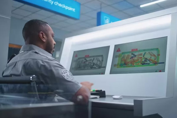 A security operator reading X-ray baggage images at an airport checkpoint screening console