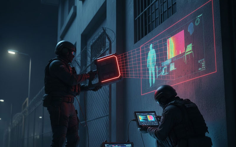 Operators using a through-wall radar unit at night, the display showing a human figure detected behind the wall